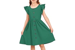 Arshiner Filles Robes à Volants Enfants été Coton Robe de Loisirs Bouton A-Line Col Rond Robe de fête pour Fille 4-14 Ans