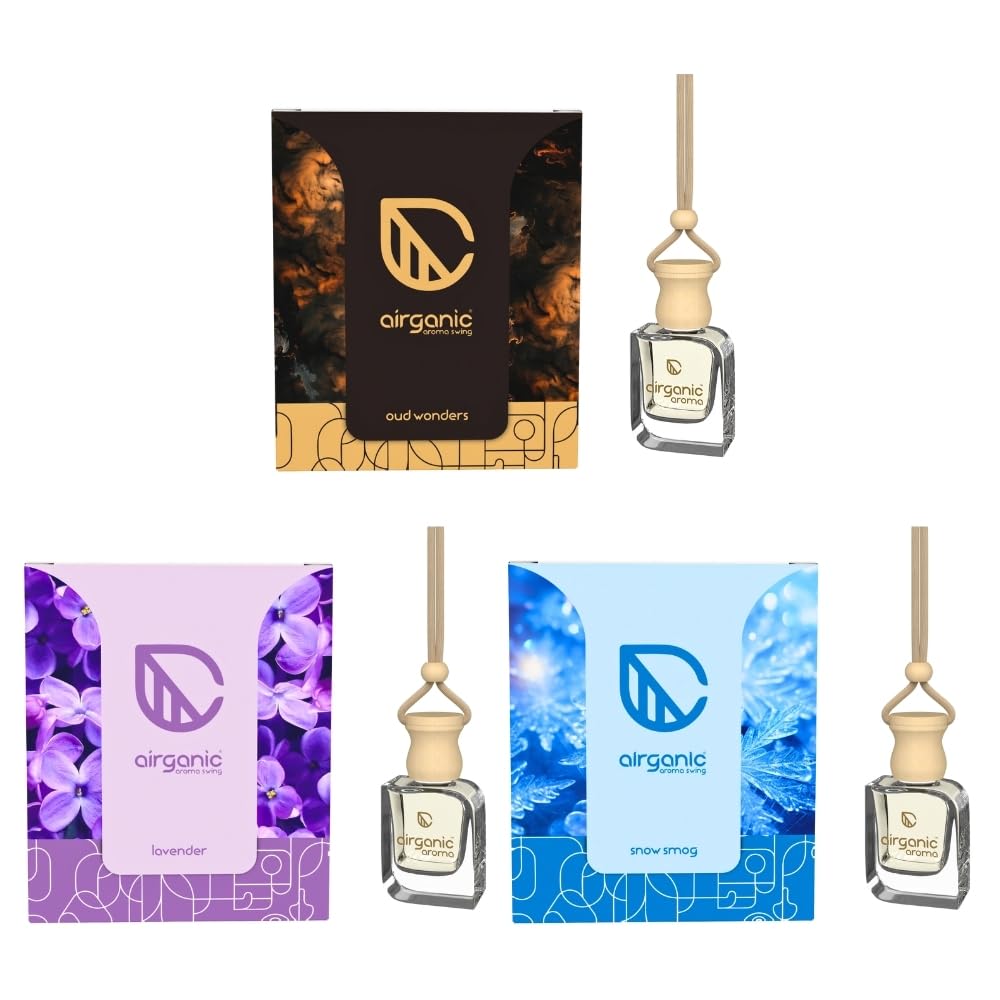 AIRGANIC Aroma Swing Combo Offer: Oud Wonders, Lavender & Snow Smog | Aroma with Essential Oils in Glass Bottle with Wooden D