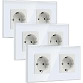 BSEED Double Schuko Socket 2 Gang 3 Pack, Wall Socket 16A with Glass Plate 157 x 86 mm, White