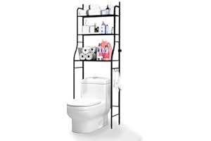 JUPPLIES Estanteria Baño sobre Inodoro (47×26×153 cm) - Mueble Baño WC de 3 Niveles con Patas Regulables y Soporte Antivuelco - Estante de Almacenamiento Impermeable, Organizador para Toallas - Negro
