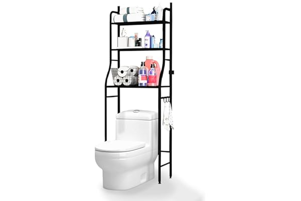 JUPPLIES Estanteria Baño sobre Inodoro (47×26×153 cm) - Mueble Baño WC de 3 Niveles con Patas Regulables y Soporte Antivuelco - Estante de Almacenamiento Impermeable, Organizador para Toallas - Negro