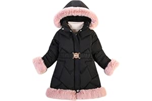 SEMEN Kids Girls Winter Warm Fleece Lined Faux Fur Hooded Jackets Full Zip Up Outerwear School Dress Coats with Belt for Age 5-12 Years