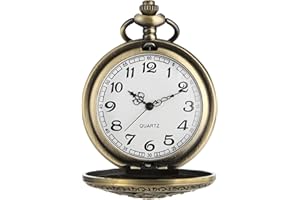 USHXVG Vintage Quartz Pocket Watch with Chain, Roman Numerals, Bronze Finish