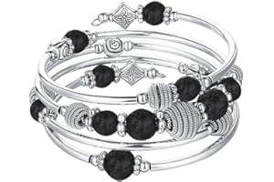 BULINLIN Turquoise Beaded Chakra Bangle Bracelet, Silver Layered Jewellery Wrap Bracelet with Natural Stone Birthday Gift for Women