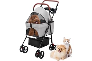 Cadciehe Pet Stroller - Folding 4 Wheels Dog/Cat Carrier for Small/Medium Pets With Storage Basket and Cup Holder