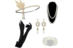 DRESHOW 1920s Flapper Accessoires Set Damen Kostüm Gatsby Feder Lange Halskette Handschuhe Stirnband Funkelnde Ohrringe