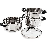 Tower T80836 Essentials Induction Steamer Pans 3 Tier with Glass Lid, Silicone Handles, Stainless Steel, Steamer Cooking, Pol