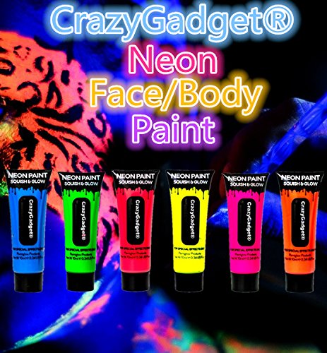 CrazyGadget® UV Neon Glow Fluorescent Face Body Hand Paint Bright Colour 10ml - Set of 6 Tubes - Made In UK (Ideal for Festivals, Clubbing, Events, Kids' Parties, Halloween, Stage Performances etc.)