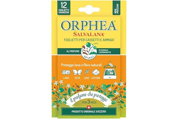 Orphea Salvalana, lådor och garderobsblad, för ull och kläder hela säsongen, doft av sandelträ och bergamott, 12 utlösande ark