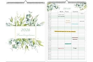 MOSEEM Familienkalender 2026, Kalender 2026 Wandkalender 5 Spalten für Zuhause, Büro und Familie - Familienplaner 21 x 31 cm, Monatskalender I Familienplaner I Paarplaner zum Aufhängen Grünpflanzen