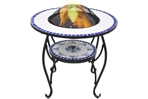 Festnight Tavolo con Braciere a Mosaico, Braciere da Giardino, Barbecue da Tavolo, Braciere da Esterno 68cm in Ceramica Blu e Bianco