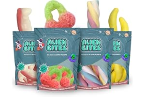 Alien Bites - Pack de 4 Bolsas de 50g de Chuches Liofilizadas - Gominolas Freeze Dried - Chuches para Cumpleaños, Regalos y Snacks (Cereza, Nube, Dientes, Banana) (P2)