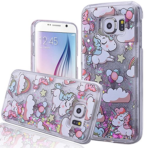 Samsung S6 Funda Bling Arena Movediza Lentejuelas Carcasa   We Love Case L  quido Funda para Samsung Galaxy S6 Glitter Estrellas Lentejuela Arenas Movedizas Carcasa PC Casco de Pl  stico Duro Cascara Sparkle Brillar Claro Cristal Caso Bumper Case Cover Moda Tapa Transparente Cubierta Caja de Protecci  n Resistente a Ara  azos Choque Absorci  n - Dise  o Dibujo Unicornio Unicorn Plata