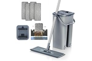NEWTY Mopa para Limpiar Azulejos Paredes Suelos Mopa Fregona con Cubo Escurridor Fregona Plana Cubo con 6 Almohadillas Autoescurrible Parquet Madera Ventanas Mop Bucket Trapeadora Gamuza