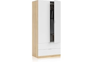 duehome | Armario de 2 Puertas y 2 cajones, Modelo Lark, Acabado en Color Blanco Artik y Roble Canadian, Medidas: 81 cm (Ancho) x 180 cm (Alto) x 52 cm (Fondo)