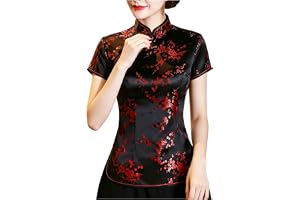 Kinesisk Qipao blus för kvinnor kortärmad satin drake fenix blommönster mandarin krage cheongsam topp traditionell orientalis