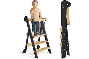 COSYLAND Foldable Toddler Step Stool for Kitchen - IF Design Awarded Space Saving Toddler Standing Tower with Protective Net - Height Adjustable Kids Kitchen Stool Helper (Black & Natural)