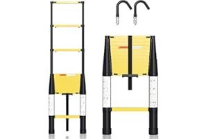 Cecaylie Échelle télescopique en aluminium de 3,8 m avec fermeture soft-close, antidérapante avec 2 crochets amovibles, rétractation à un bouton, charge maximale 150 kg, noir