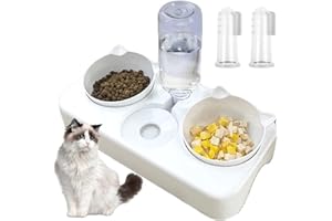 DOEPEBAE Comedero Gato 3 en 1, Comederos y Bebederos para Gatos, Separación Seca y Húmeda Cuenco Inclinado para Gatos Gatito y Perros Pequeños, con 2 Cepillos de Dientes para Gatos (Blanco)