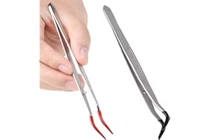 JIAYAUS 2 Pcs Tweezers Curved Bent Tip Tweezers with Rubber Silicone Long Tweezers Curved Bent Tip Tweezers Stainless Steel Hobby Jewelry Long Tweezers for Crafts for Lab Jewelry Making, Red Black