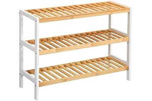 UTTAM 3 Tier Natural Bamboo Shoe Rack Easy Assembly & Strong Design Shelf Organiser, Suitable for Bedrooms, Bathrooms, Hallways, and Compact Areas - Spacious for Storing 12 Pairs of Shoes (White)