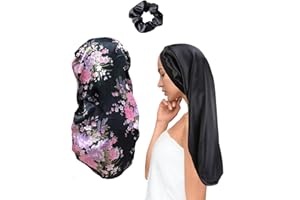 MUFEKUM 3 Stück Haar Haube zum Schlafen, Lange Satin Haube Breites Band Nacht SchlafMütze Schlafen Kopfbedeckung, Große Weiche Elastische Seide Haube für Frauen Mädchen (Schwarz)