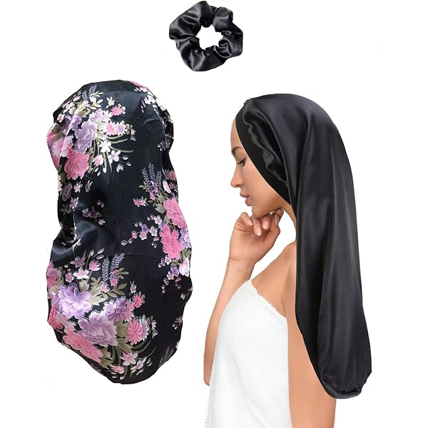4 Stück Satin-Schlafhauben Für Langes & Lockiges Haar – 68,6 Cm Lang, Mit Elastischem Band, In Schwarz, Weinrot, Leoparden- & Blumenmuster