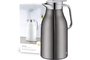 alfi SKYLINE 1,5 l, jarra isotérmica de acero inoxidable con inserción higiénica de vidrio duro, tapón de rosca con cómodo pulsador, mango ergonómico a una mano, ideal como jarra de café o té, sin BPA