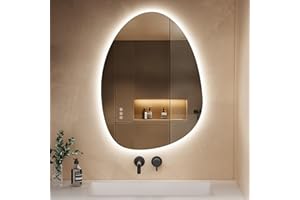 S'AFIELINA Miroir LED de Salle de Bain 75 x 55 cm, Design Asymétrique, Interrupteur Tactile, Miroir de Salle de Bain avec éclairage, 3 Couleurs de Lumière, Luminosité Réglables, Fonction Anti-Buée