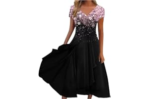 NUSGEAR 2023 Vestidos Largo Mujer, Moda Color sólido Fiesta Vestido de Noche Cóctel Manga Corta Cuello Redondo Elegante Encaje Malla Verano Suelto Casual Vestido un Hombro Vestir Playa Vacaciones