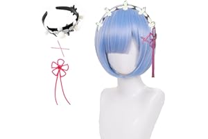 ANIMACOSER Rem Wig Mit Stirnband, X-Stiften, Blumenschleife, Anime Ram Cosplay Perücke, kurze rosa Bob-Perücke für Frauen und Mädchen (rem)