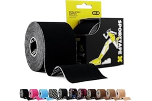 SPORTTAPE Taśma kinezjologiczna 5 cm x 5 m - czarna - sportowa i wodoodporna opaska na kolana, kostkę, powięź, podeszwę, stawy - hipoalergiczna i elastyczna