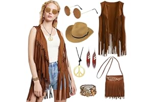 TOSZOLY Disfraz Hippie Mujer Años 70 con Chaleco Hippie, Sombrero Cowboy y Accesorios Bohemios para Carnaval, Halloween,Fiesta Temática, Mardi Gras, Disco Party