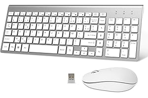 GALENMORO Clavier Souris sans Fil - AZERTY 2.4G Silent Compact Clavier de Souris Pleine Taille Ergonomique pour PC/Ordinateur/Laptop/TV/Windows - Blanc argenté