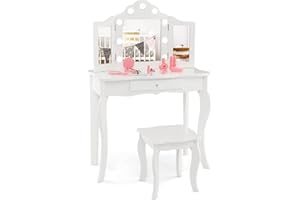 COSTWAY Kids Vanity Table and Stool Set, 2 in 1 Princess Makeup Dressing Tables with LED Lightes, Tri-Fold Mirror, Drawer, Wooden Children Study Desk Chair for Toddlers (White)