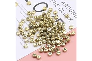 HERZWILD 1000 pcs Gold Flat Round Acrylic Letter Beads for Threading Loose Letters Bead 7mm Disc Coin Alphabet A-Z Beads for Bracelets Jewellery Crafts (Black Gold).