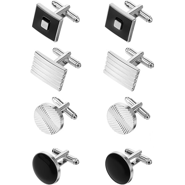 4 Paires Boutons De Manchette Homme Rectangle Et Ronds Argent/Noir - Accessoire Chemise Costume