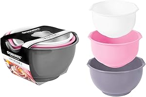 COOKHOUSE 3 Piece Mixing Bowl Set Non-Slip Baking Cooking Food Preparation 3 Sizes Pack Pink Grey White