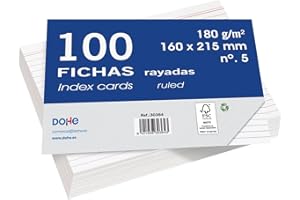 Dohe - Schede a righe di cartone (100 pz.) - Biglietti per scrivere appunti, formato A5 (21,5 x 16 cm), 180 g/m², n. 5, materiale per ufficio - colore bianco