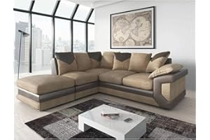 Furnishings For Less UK New Large Dino 4 to 5 Seater Corner Sofa Cord Black and Grey or Brown and Beige Left or Right Hand With FREE FOOTSTOOL (Brown and Beige, Left Hand Facing)