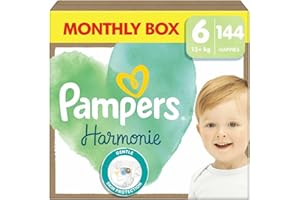 Pampers Armonia, Taglia 6, 144 Pannolini 13kg+, Protezione delicata per la pelle, ingredienti di origine vegetale a contatto con la pelle del bambino, con imballaggio riciclabile in carta, confezione