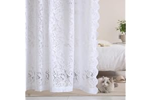 YJ YANJUN White Floral Lace Curtains - Sheer Lace Bedroom Curtains, Heavy, Short, Rod Pocket, Set of 2, 52 W x 54 L Inch (132cm x 137cm)