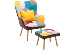 Warmiehomy Patchwork Armchair with Footstool Velvet Accent Chair Wing Back Occasional Chair High Back Armchairs with Footstool and Pillow for Living Room Bedroom Lounge Office Reception (Patchwork)