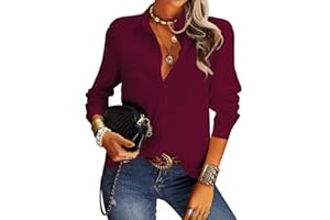 NONSAR Elegante Blusa Informal para Mujer con Cuello en V, Manga Larga y Botones, Estilo Casual y de Vestir, Corte Suelto, Color Liso