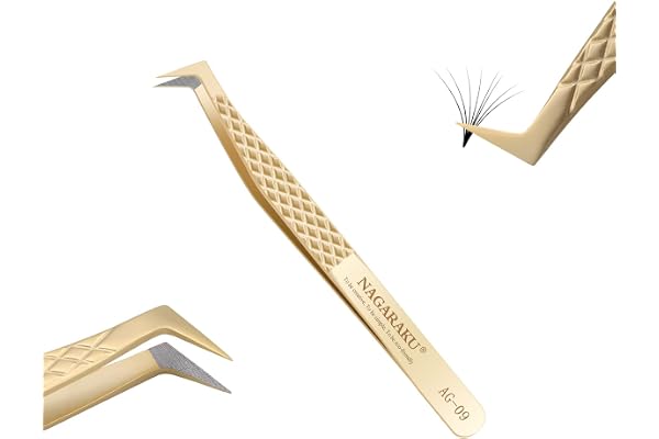 NAGARAKU Pince Fibre Cils Volumineux Greffage Pince à Épiler Précision Professionnelle Poignée Antistatique Antidérapante Or Acier Inoxydable Curved Tweezer pour Créer des Fleurs de Cils (L Typ AG-09)