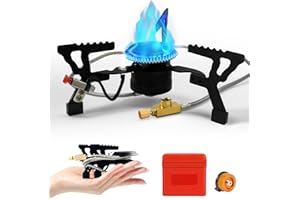 Lorrtta Portable Camping Stove, High Heat Output Mini Gas Cooker for Backpacking, Hiking, Outdoor BBQ, Windproof Foldable Camp Stove with Piezo Ignition, Hose & Adapter for Butane/Propane