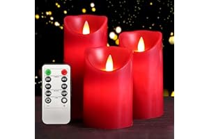 ILEEDear Velas led, Velas led efecto llama, pack de 3 luces led cera reales con mando a distancia y temporizador velas decorativas de pilas para chimenea, adornos salon, navidad decoración casa, Rojo