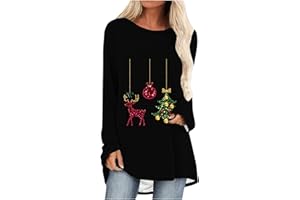duxyoz Christmas T Shirts Women Plus Size Longline Long Sleeve Tunic Top Ladies Round Neck Blouse Casual Loose Fit Xmas Jumpers Oversized Tshirts Elegant Festival Tops