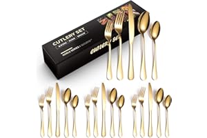 RUIENE 20 Piece Cutlery Set, Knife, Fork, Spoon, Tableware Cutlery Service for 4, Stainless Steel Sets High-Grade Mirror Polishing Cutlery Set (Gold)