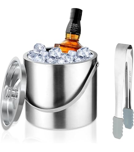 Secchiello Per Ghiaccio In Acciaio Inox 2 Litri A Doppia Parete - Con Pinze, Filtro E Coperchio In Silicone, Perfetto Per Feste